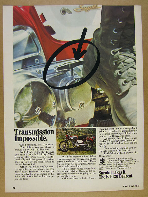 1968 Suzuki KT120 KT-120 Bearcat motorcycle color photo vintage print Ad