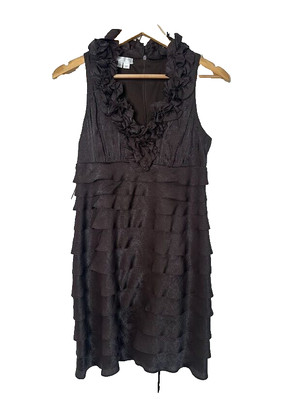 London Times 8 Petite Cocktail Sheath Dress Party Brown Shimmer Tiered Empire