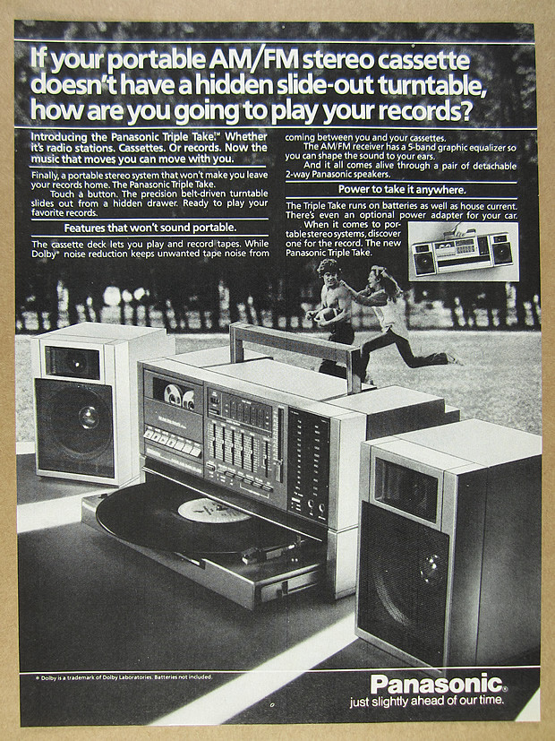 1984 Panasonic Triple Take Portable Stereo Boombox photo vintage print Ad