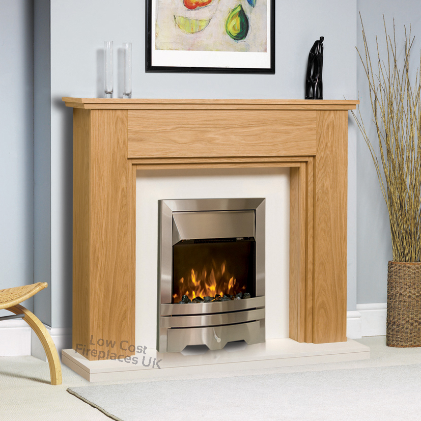 ELECTRIC OAK WOOD SURROUND WHITE SILVER LED FLAME FIRE WALL FIREPLACE