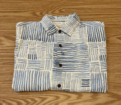 Tommy Bahama Blue/White Dashes Textured Silk Button Camp Hawaiian Shirt Sz Large