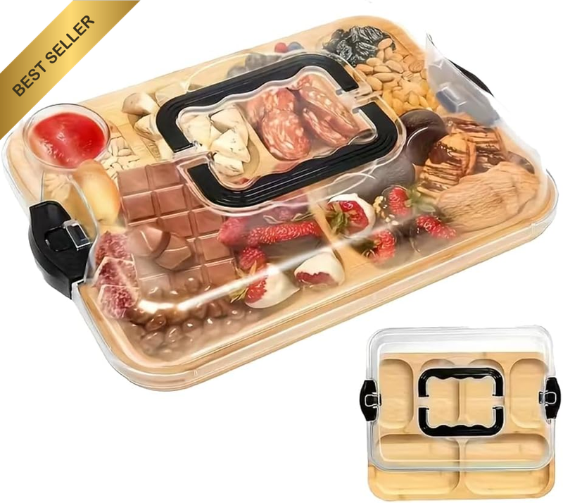 Bamboo Cheese Platter with Lid, Handle and Locking Lid, 6-Compartment Design, Po