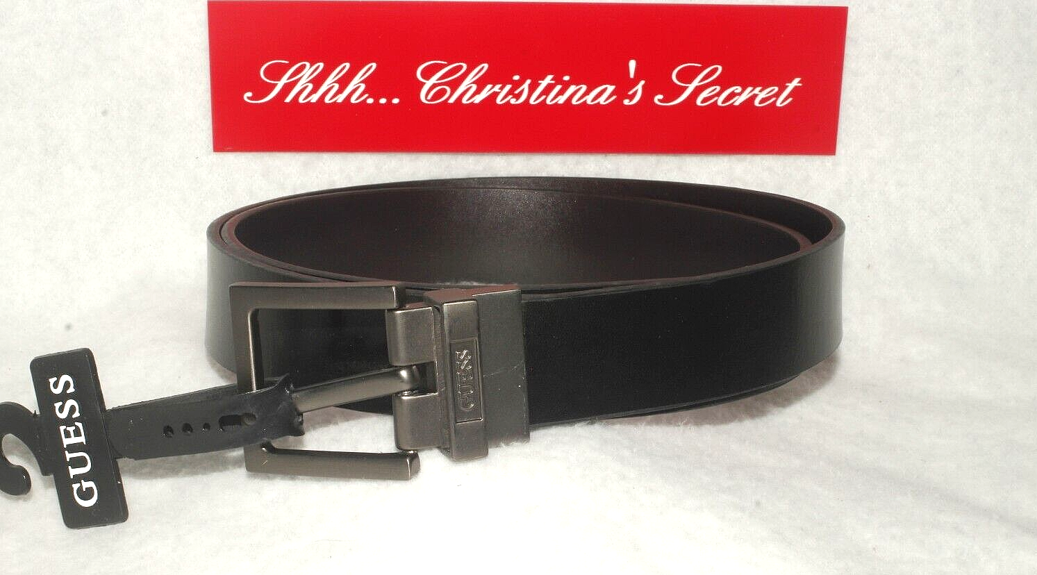 NWT GUESS Mens Belt Reversible Black Brown Dark Gunmetal