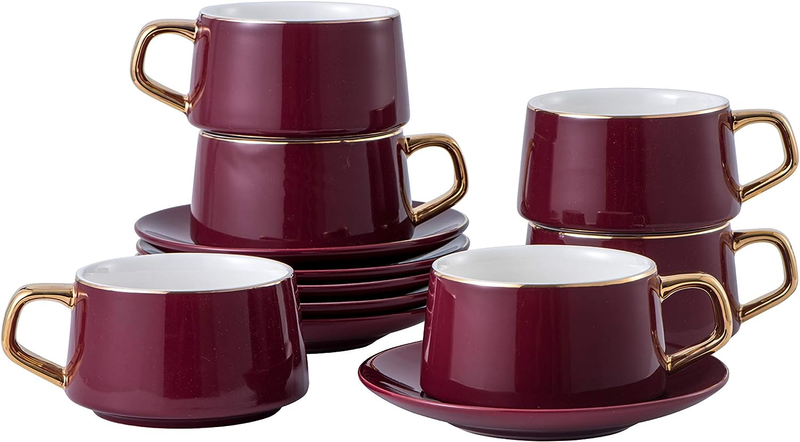 Set of 6 (8.5 Oz) Cups and Saucers with Gold Trim and Gift Box, Luxury Tea Cup S