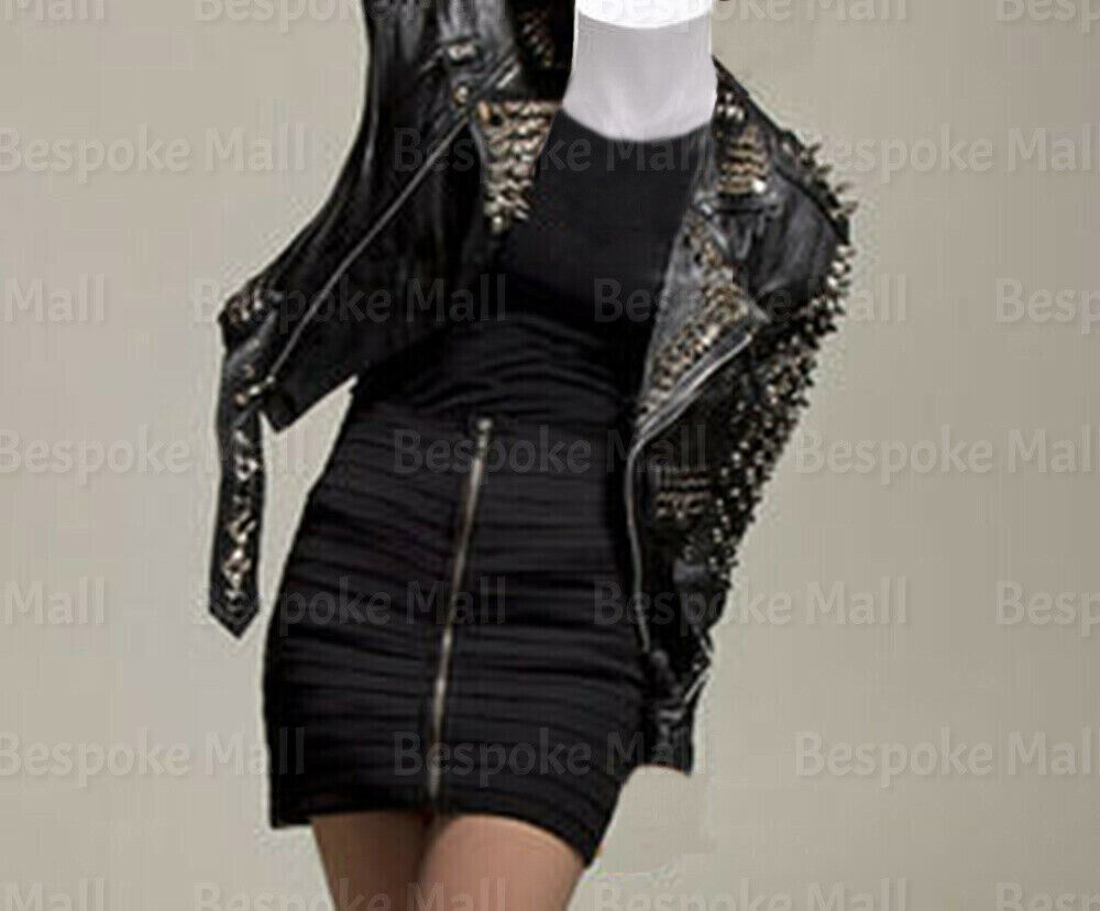 Pre-owned Handmade Women Black Silver Spiked Studded Punk Rock Cowhide Biker Leather Jacket-369