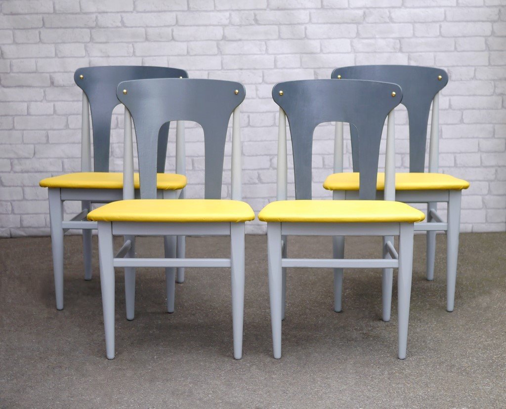 4 Mid Century Upcycled Dining Chairs Painted Grey with Yellow Leather