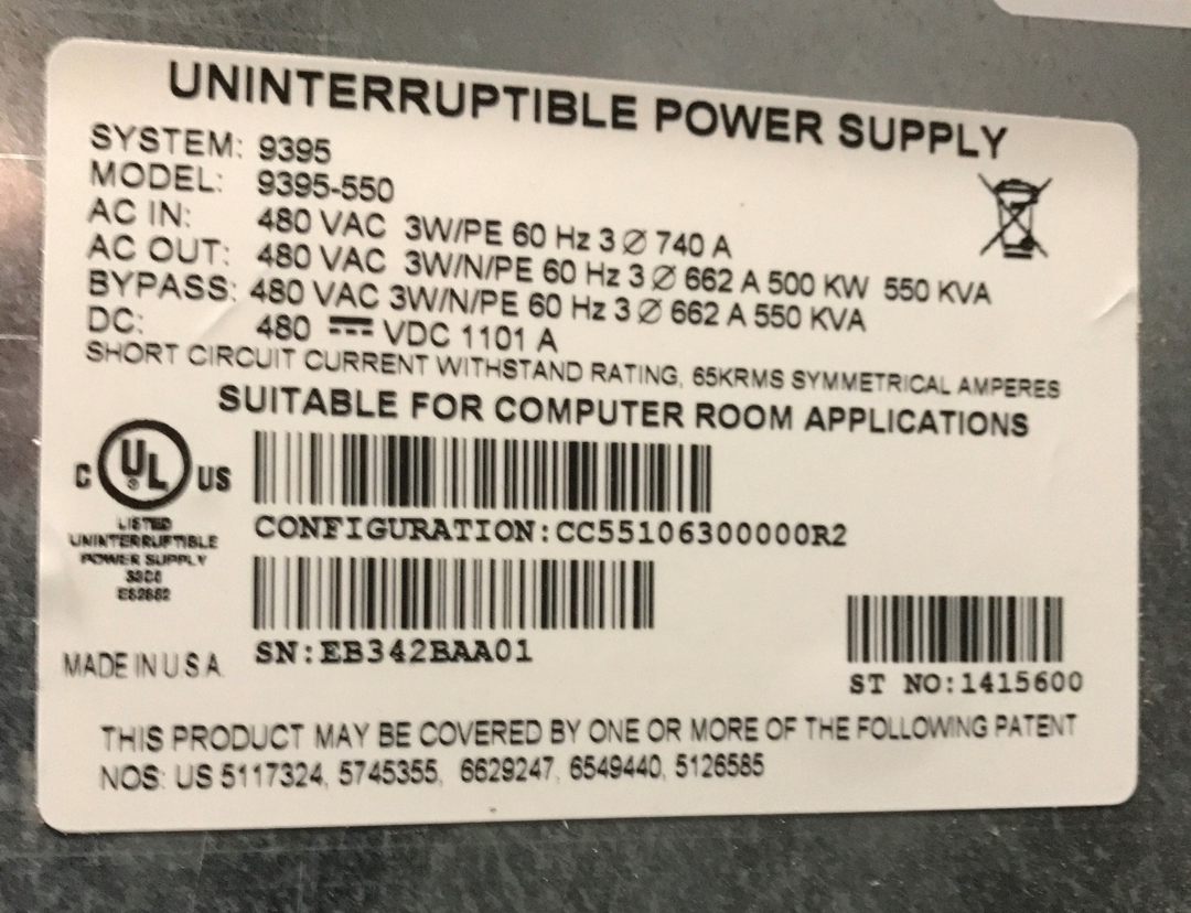'08 Eaton Powerware 9395-550 550KVA 480/480v UPS with Battery Cabinets