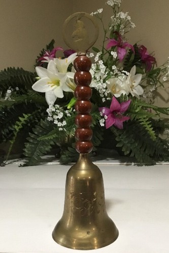 Vintage Wood handle Bell Metal Brass Elephant finial 12” tall Etched Floral