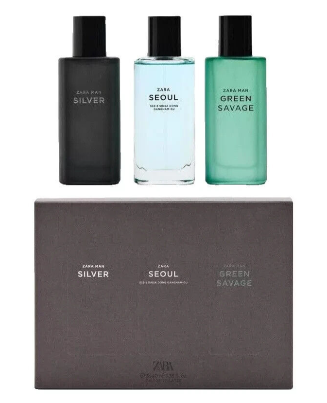 Zara Man Silver Green Savage Seoul 3 x 40ml Set 3 X 1.35 oz Perfume New