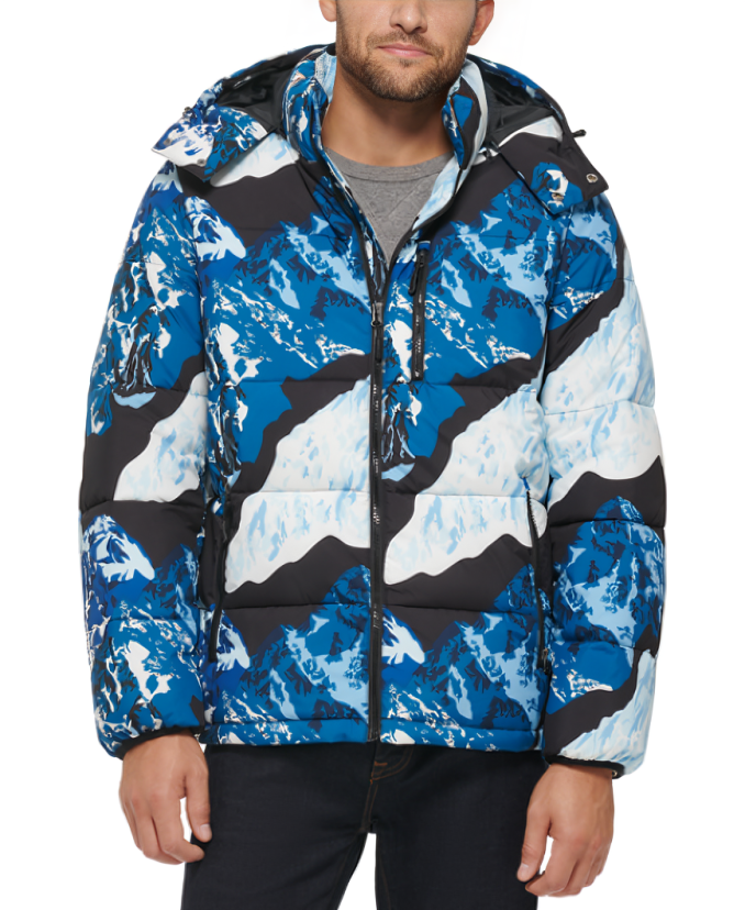 Club Room Stretch Hooded Puffer Jacket Men's Ski Print Side Pockets Full Zip XXL - Picture 1 of 18
