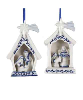 KURT ADLER SET OF 2 HAND PAINTED PORCELAIN DELFT BLUE HOLY FAMILY XMAS ORNAMENTS