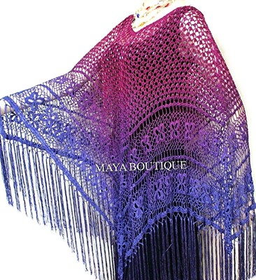 Pre-owned Maya Matazaro Crochet Poncho Shawl Top Hand Dyed Magenta Purple Ombree  One Size In Purple Magenta