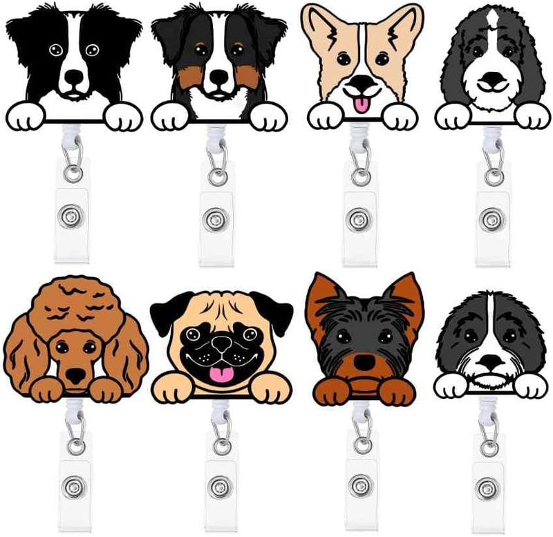 8 PC Dog Badge Reel | Cute Funny Dogs Puppy Paw Animal ID Name Card Tag Badges R