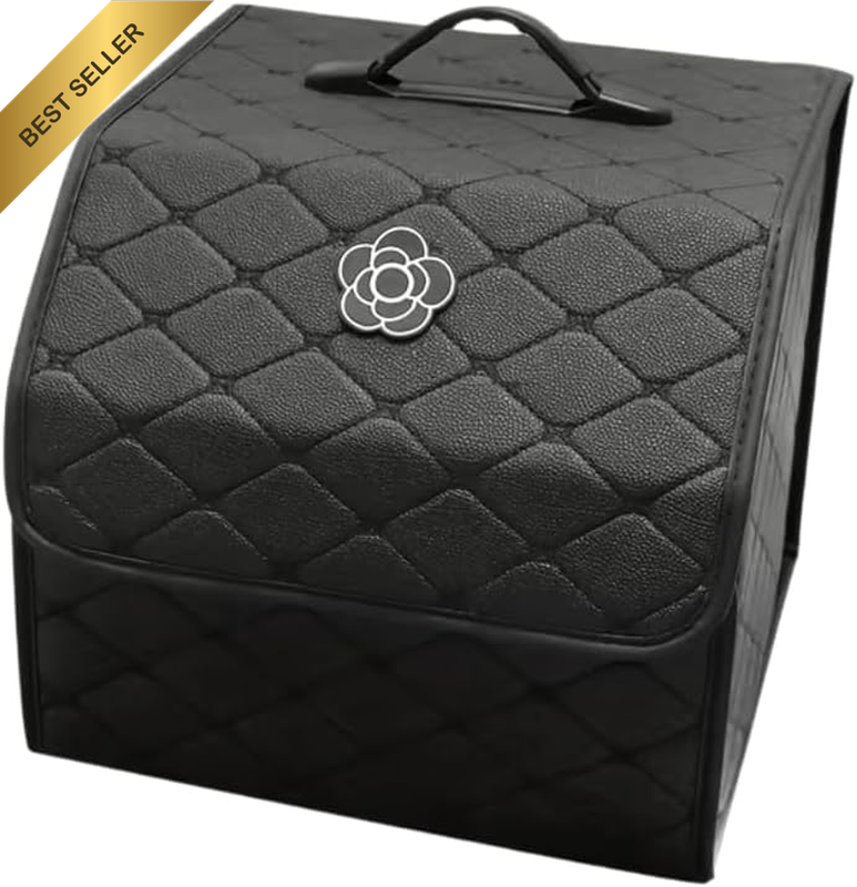 Premium Foldable PU Leather Car Trunk Organizer with Handle, Heavy-Duty Storage