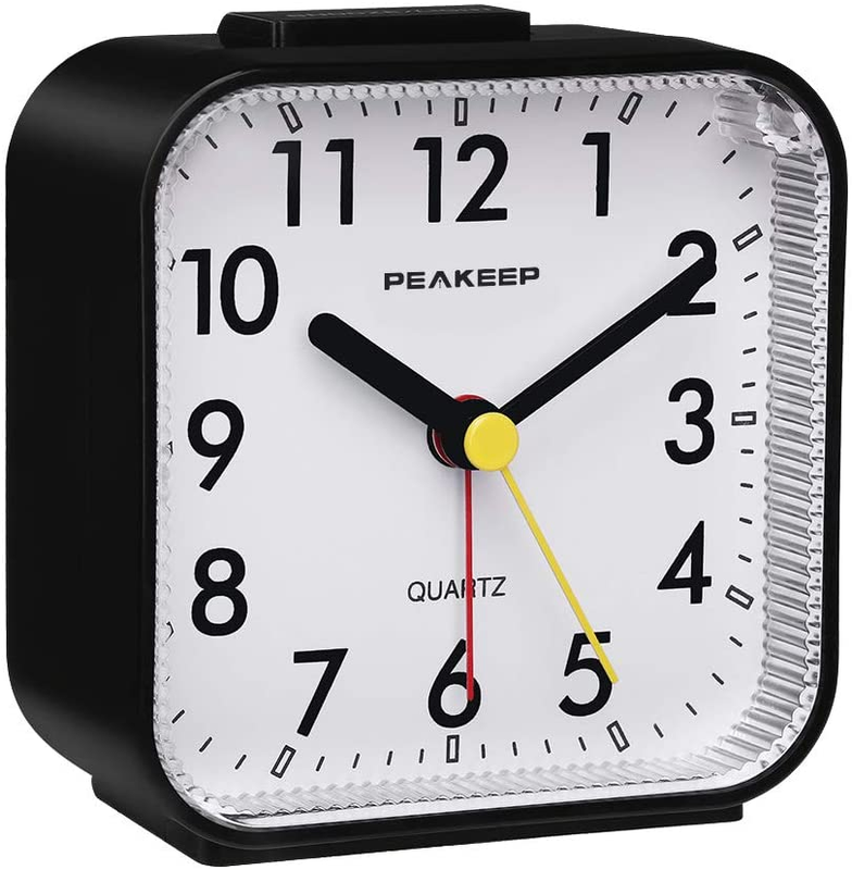 Peakeep Small Battery Operated Analog Travel Alarm Clock Silent No Ticking, Ligh