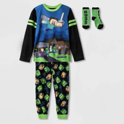 Minecraft  Pajamas Size Small 6-6X Boys Zombie Creeper 3 pc Set + Socks NWT NEW