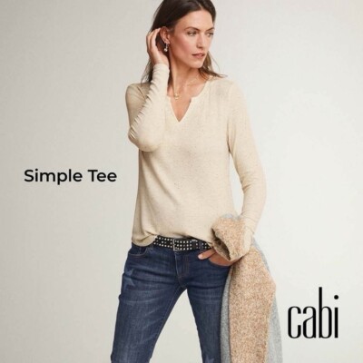 Cabi XL Speckled Oatmeal Tan Ribbed Knit Simple Tee Long Sleeve Top #4003