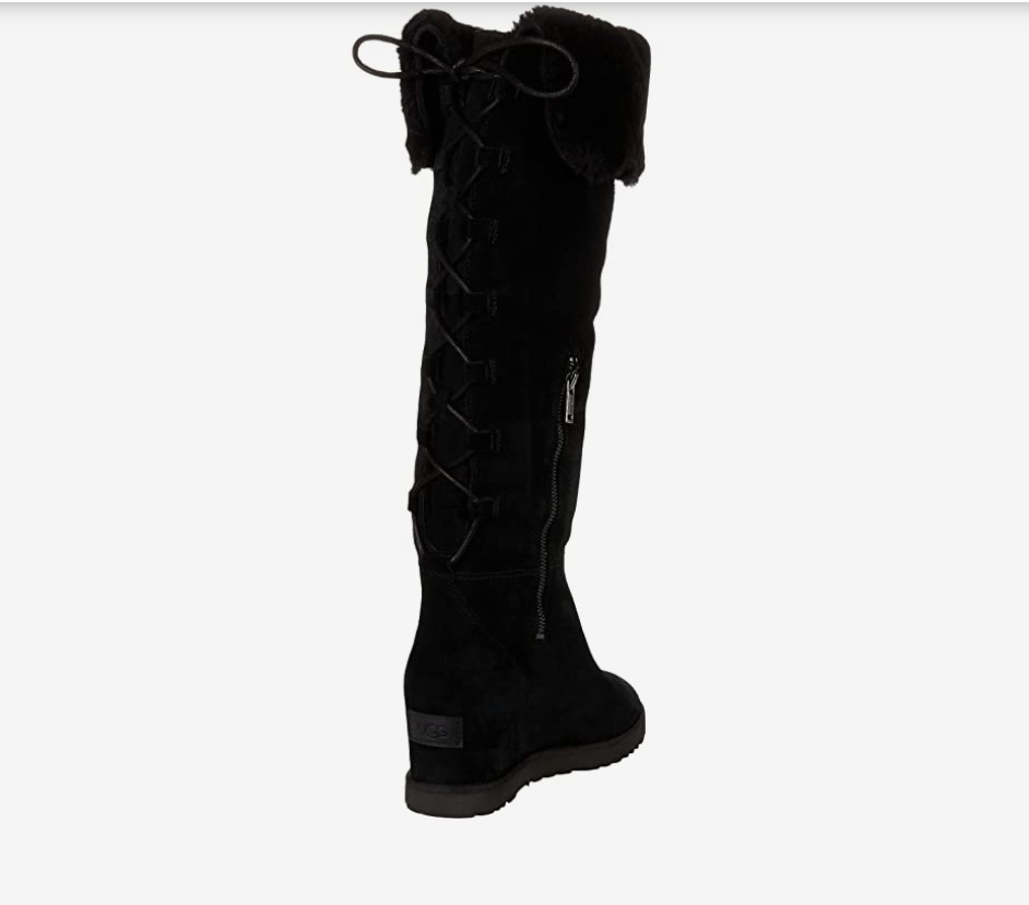 Pre-owned Ugg Classic Femme Genuine Shearling Lace Boots Over-knee Wedge Black Suede Sz 10