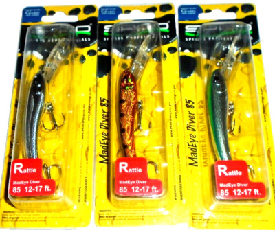 Spro Madeye Diver 85 Crankbaits (Lot of 3-Chrome Blue/Gold Purple Perch/Chrome)