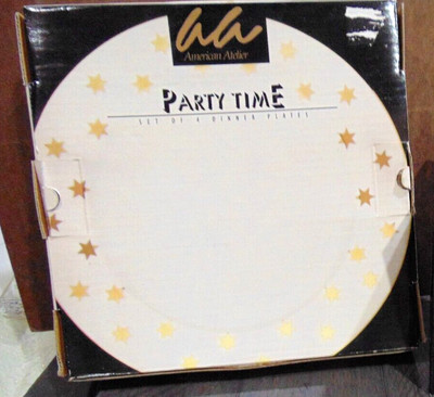 4 NEW Americann Atelier Fine China PARTY TIME Dinner Plates Gold Stars 10.5''
