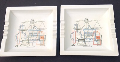 2 Vintage Nicotina Ashtrays Hard Plastic RX Chemistry Scales Test Tubes  8'' Sq.