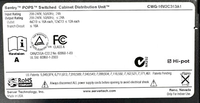 Server Technology Sentry Switched CDU Power Distribution CWG-16V2C313A1 PDU