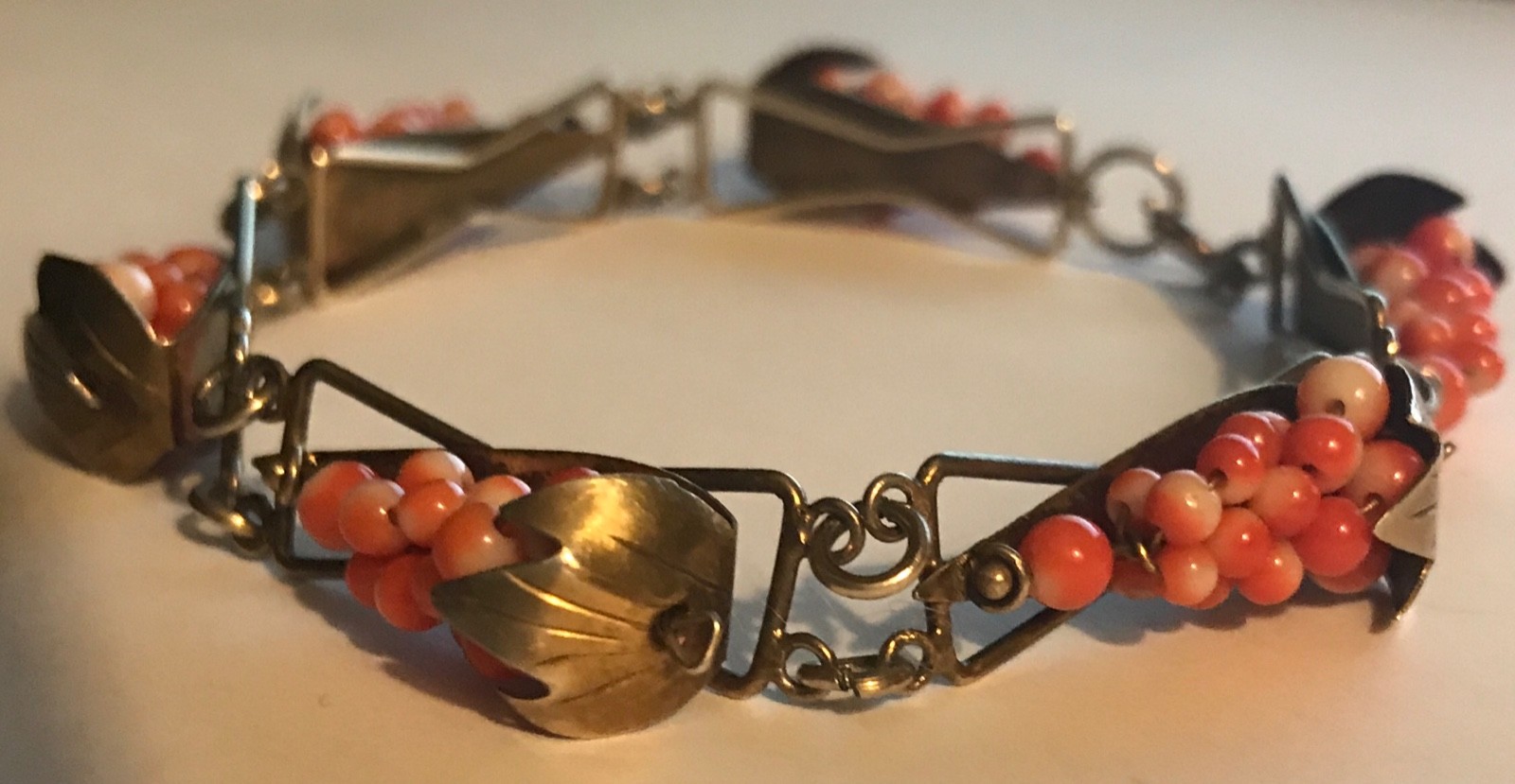 Beautiful Antique Victorian Coral Grape Gold Wash Vermeil Bracelet 800 Silver