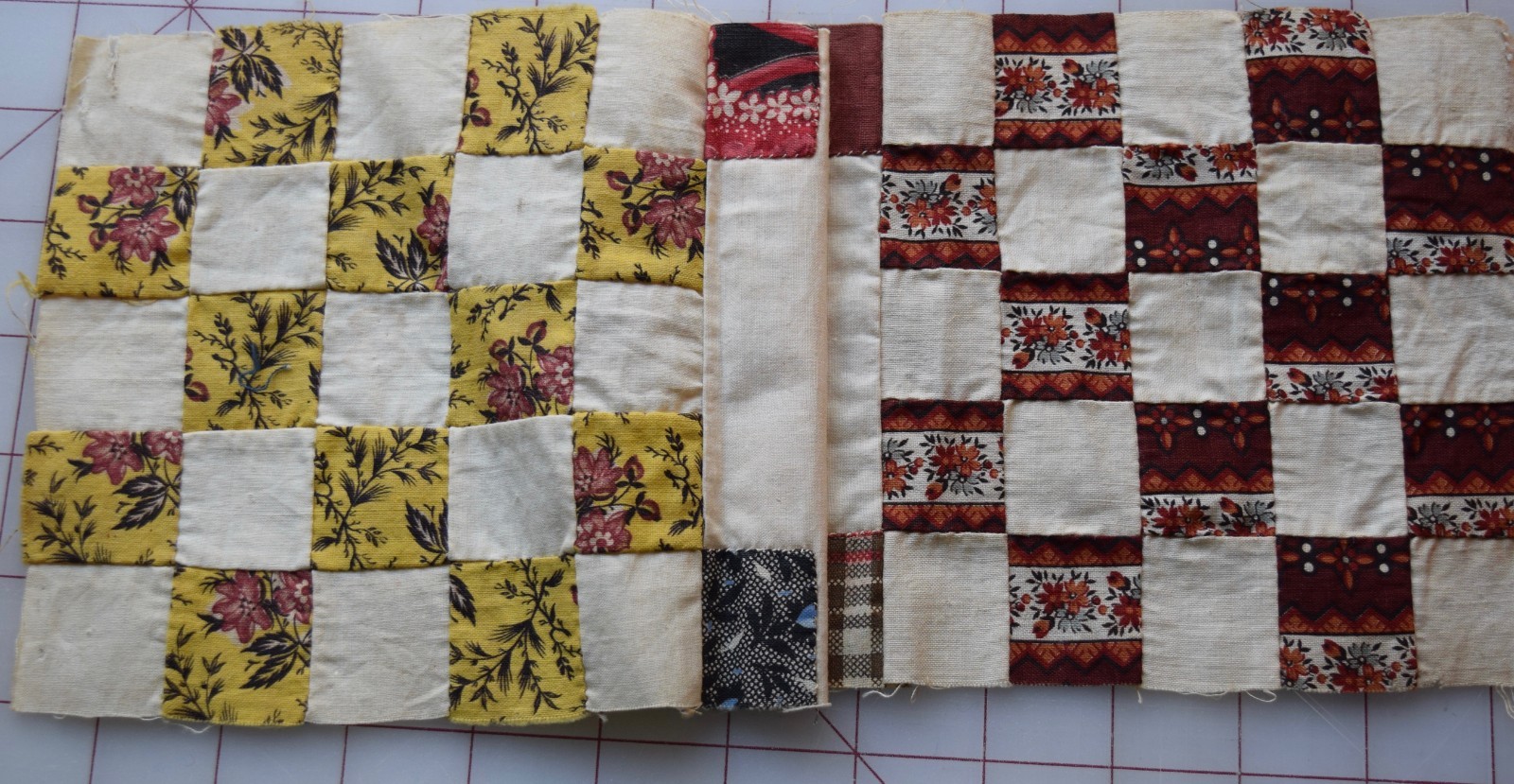 6797 5 antique 1860-70's Postage Stamp quilt blocks, madder, indigo prints