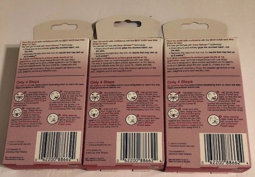 Lot Of 3 VEET FACE WAX STRIPS READY-TO-USE HAIR REMOVER 12 WAX STRIPS, 2 WIPES