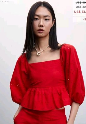 Mango Red XS US 2 Puff Sleeve Swiss Embroidery Cotton Blouse ''Bordi''  NWOT
