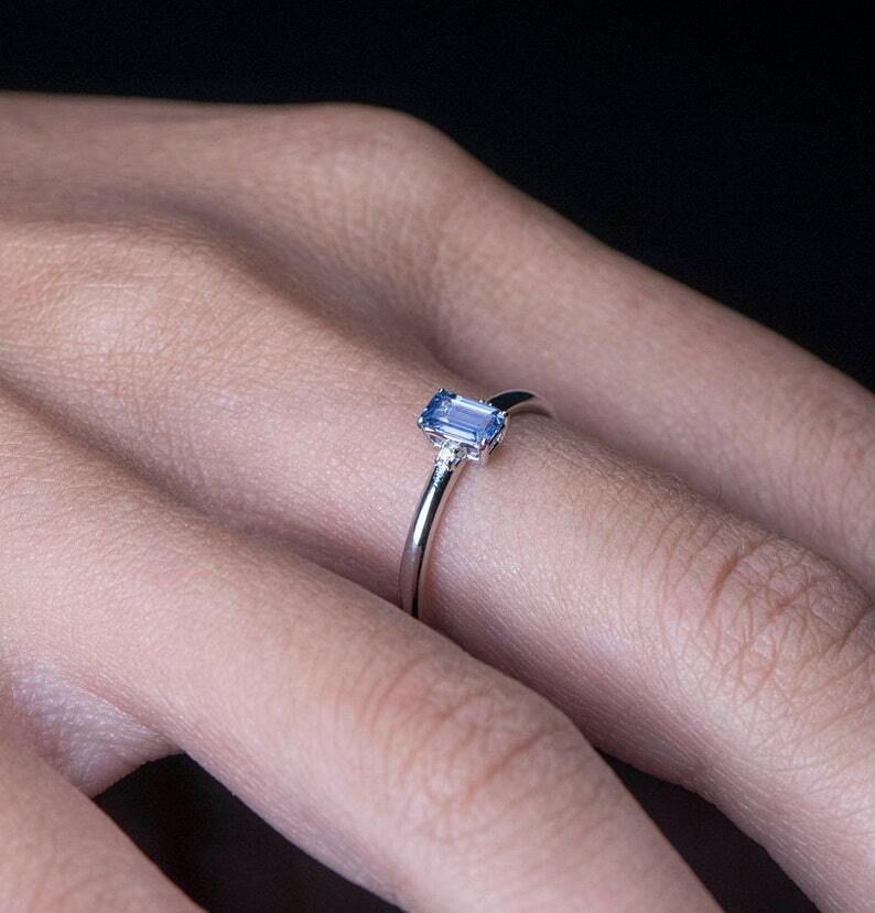 Pre-owned Handmade Sapphire Ring /baguette Blue Sapphire Ring /14kt White Gold Minimalist Sapphire