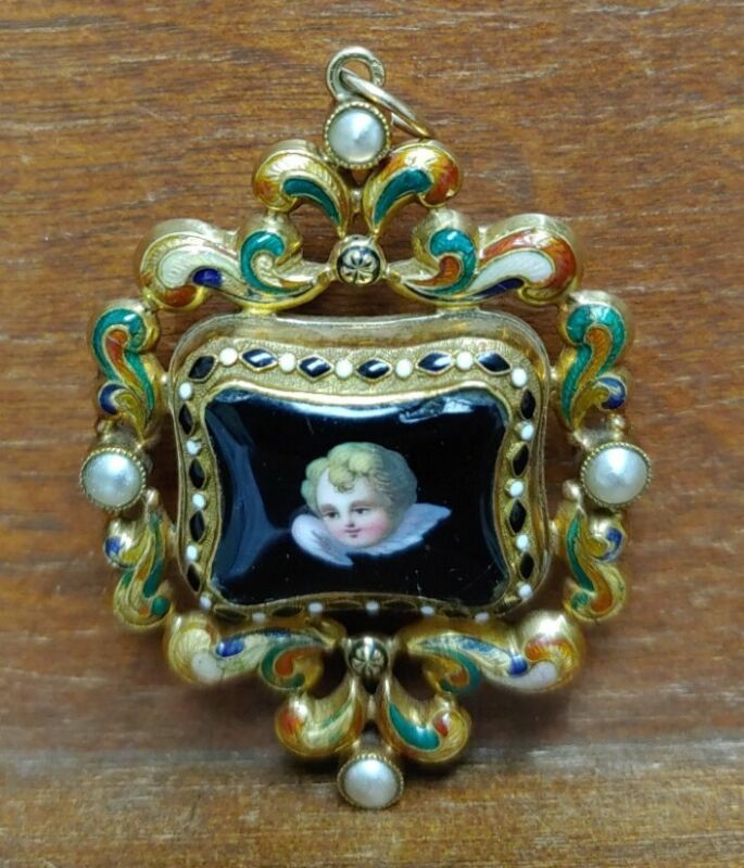 Antique Early 1800s Vinaigrette France 18k Gold Turquoise, Enamel, Pearl