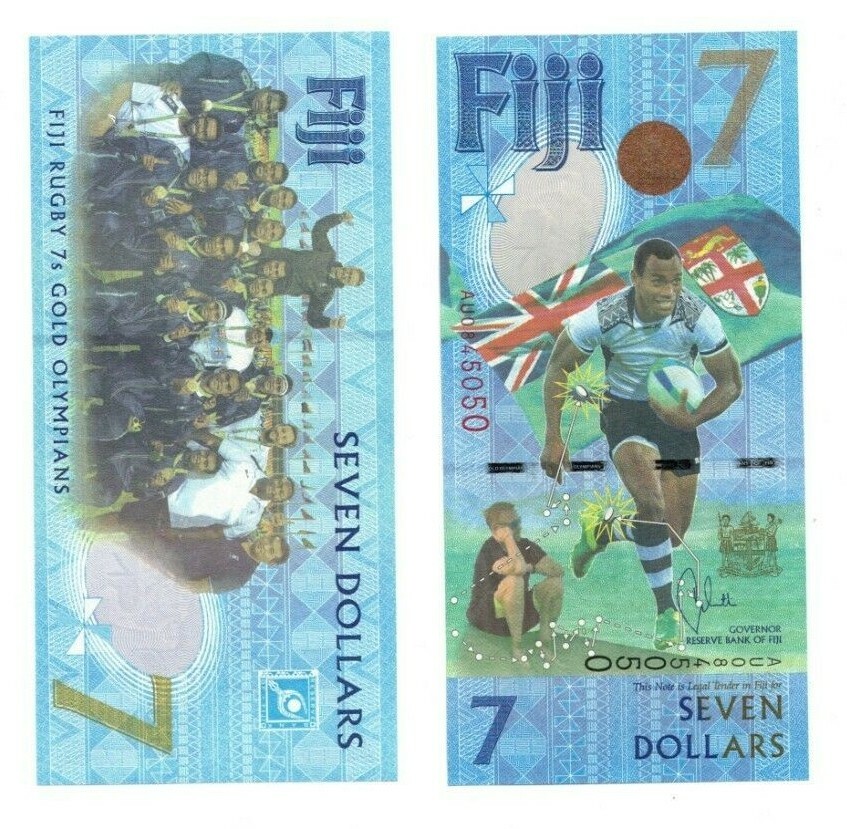 2017 Fiji 7 Dollars Banknote Polymer UNC P120 Gold Olympians Rugby