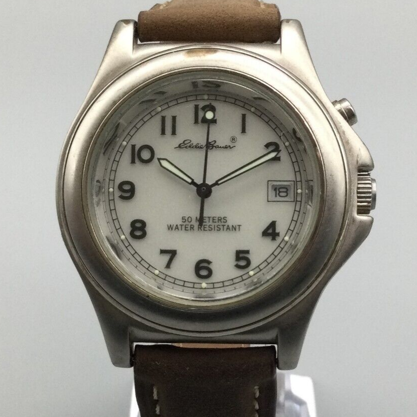 Vtg Eddie Bauer Watch Men 36mm Silver Tone Date Backlight