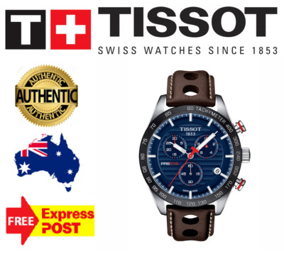 TISSOT PRS516 T100.417.16.041.00 SILVER/BLACK/BLUE/LEATHER MENS WATCH 5YR WTY