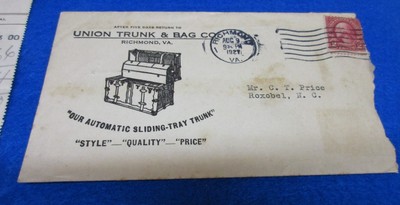 1927 Union Trunk & Bag Co. Richmond Virgnia Invoice & Envelope