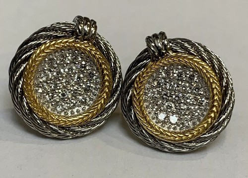 CHARRIOL 18K YELLOW GOLD STEEL CABLE ROUND CLASSIQUE PAVE DIAMOND EARRINGS