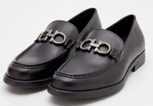 Pre-owned Ferragamo Salvatore  Telve Div Black Leather Men Loafers Shoes 7.5 Eee