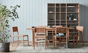 NEW GlobeWest Dining Table with Six Leather Woven Dining Chairs