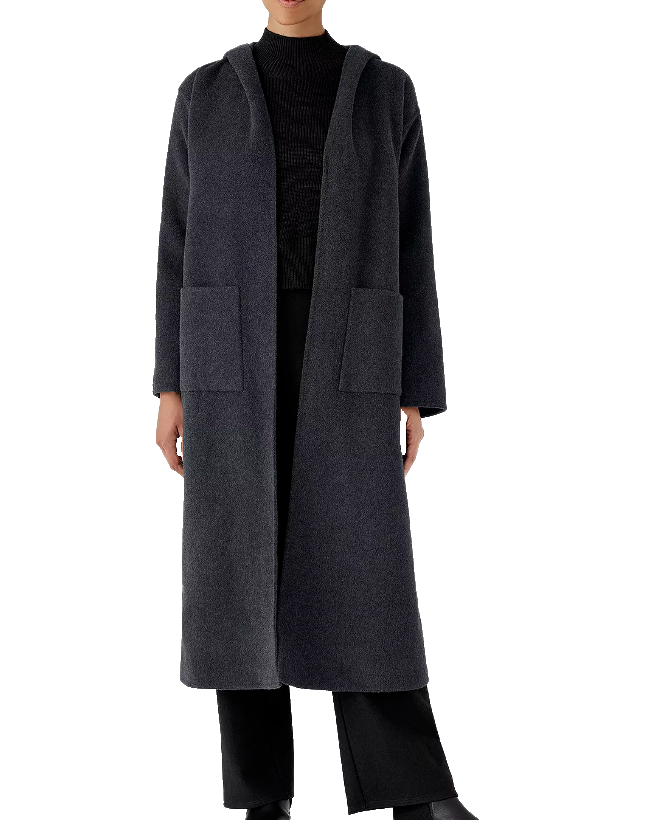 Pre-owned Eileen Fisher $598  100% Wool Hooded Long Coat Charcoal Gray Sz L
