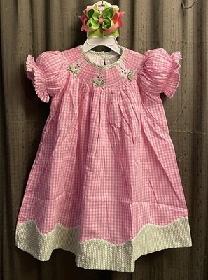 Girls NWT Lil Cactus Smocked Dress Long Easter Bunny Gingham Bows Free Bow 3T