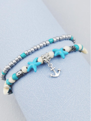 Anchor Women Teens Starfish  Charm Multicolor Crackle Beaded Ankle Bracelet Gift