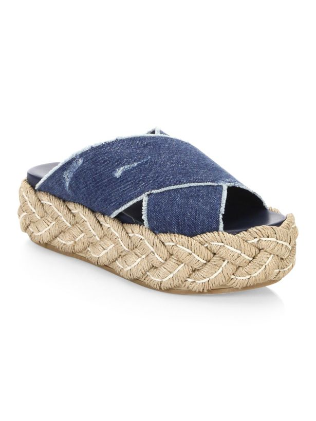 MIU MIU★Distressed Denim Crystal Platform Espadrille Sandal Miu Miu Crisscross Denim Platform Espadrilles Sandals 37.5