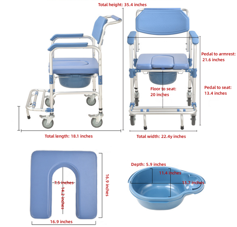 Commode Wheelchair Toilet Shower Seat Bathroom Rolling Caster Bedside Chair