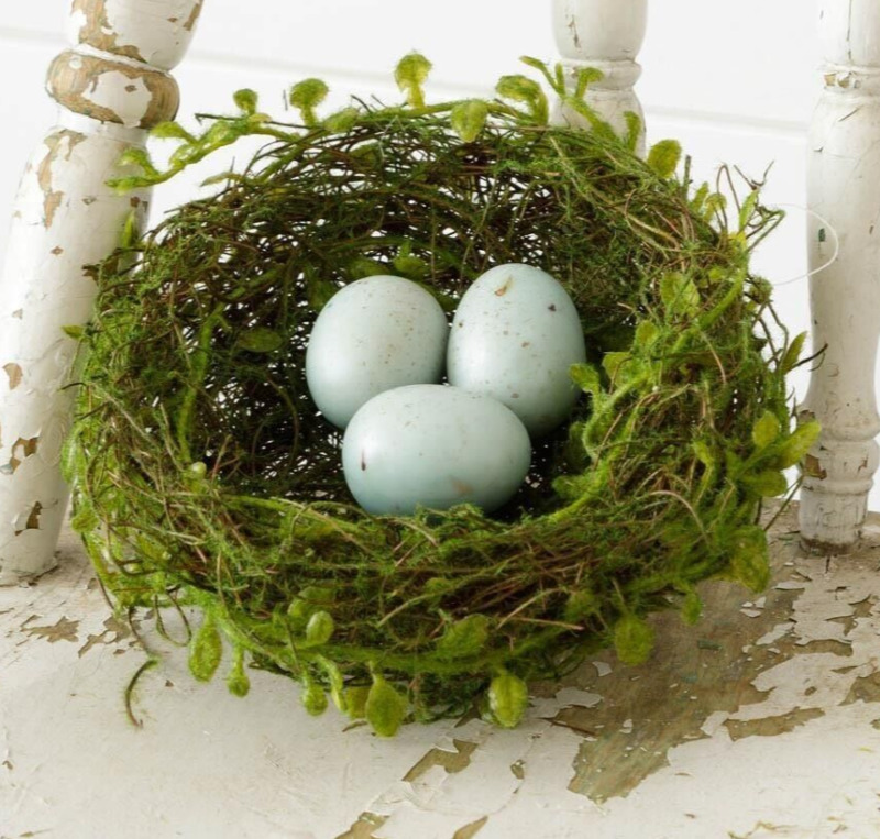 NEW Farmhouse BIRD NEST BLUE ROBINS EGGS TWIGGY MOSSY 2.5"H