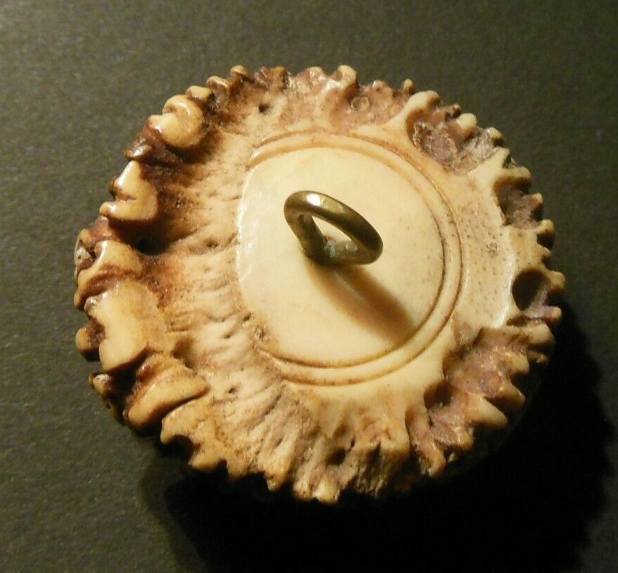 Vintage Natural Antler Button with Carved Boar/Pig Border Frame 1 1/4
