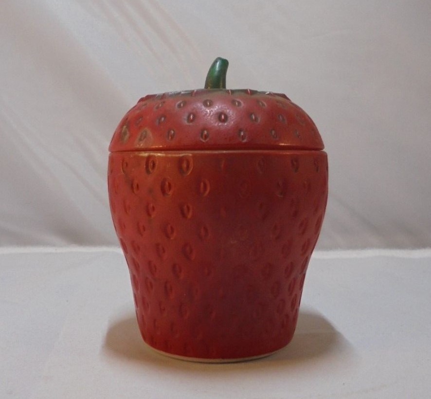 Vintage Hazel Atlas Red Painted Milk Glass Strawberry Jam Jar with Lid