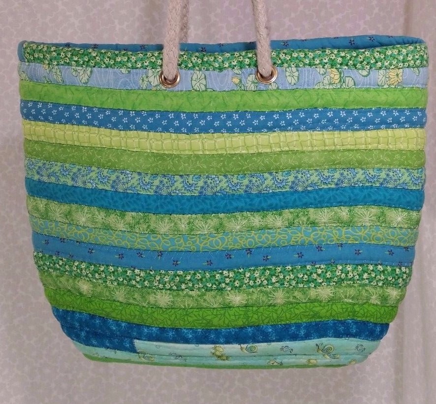 COILED FABRIC ROPE CLOTHES'LINE Market Tote Bag Basket TURQUOISE & GREEN 17X13