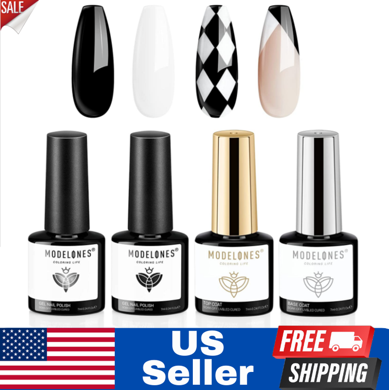 Gel Nail Polish Kit, 2 Colors 7Ml Black and White Gel Polish with Gel Base & Top