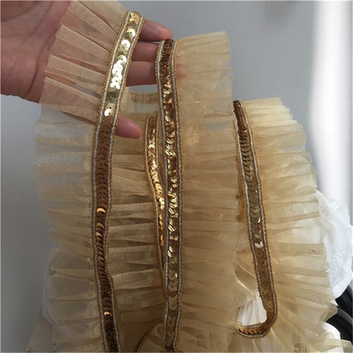 2 Yds Gold Sequins Lace Trim Gauze Ruffle Ribbon Fabric Costume DIY Sewing Craft